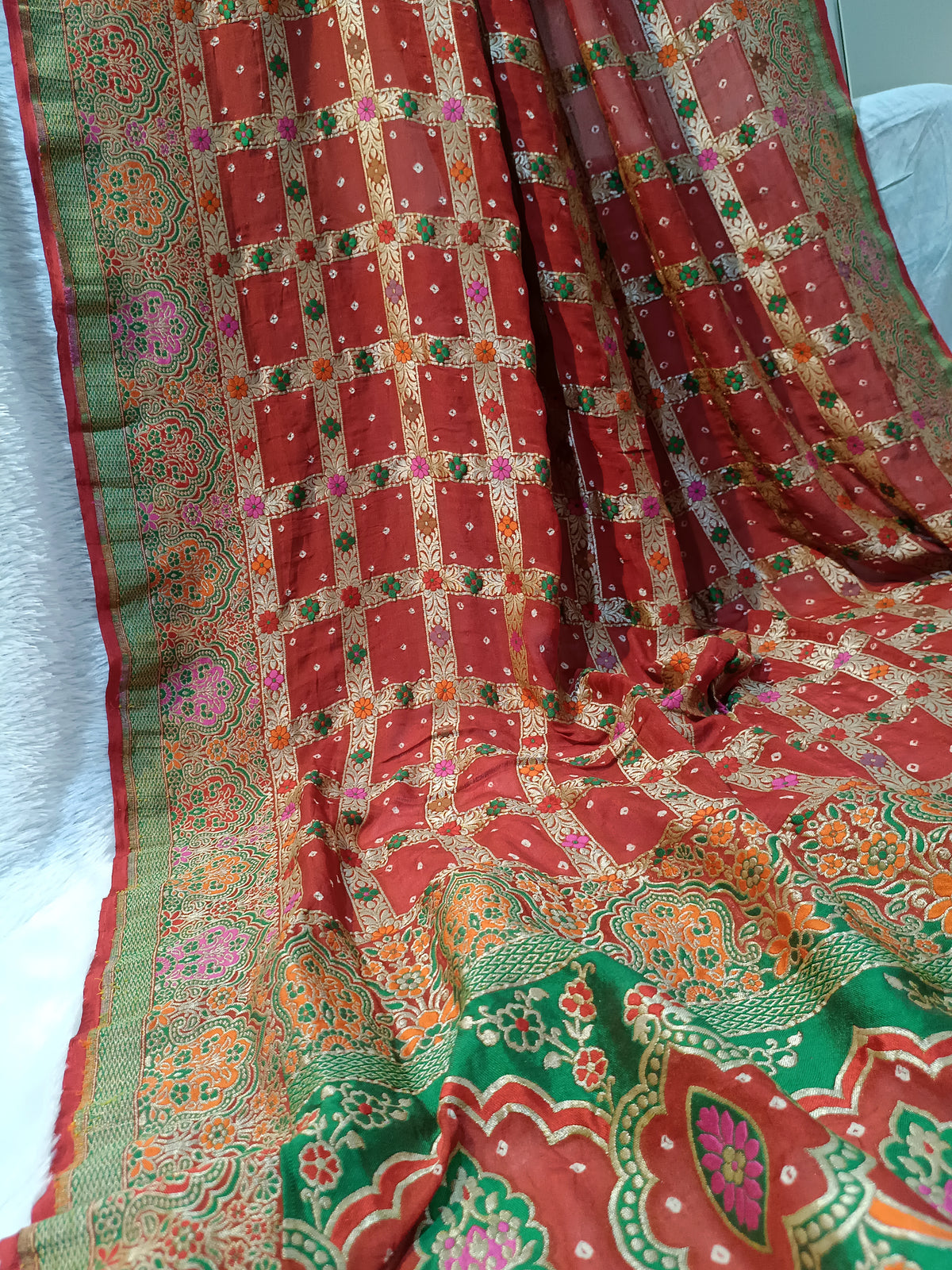 Pure Handloom Khaddi Bandhej Meenakari Banarasi Saree