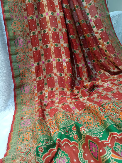 Pure Handloom Khaddi Bandhej Meenakari Banarasi Saree