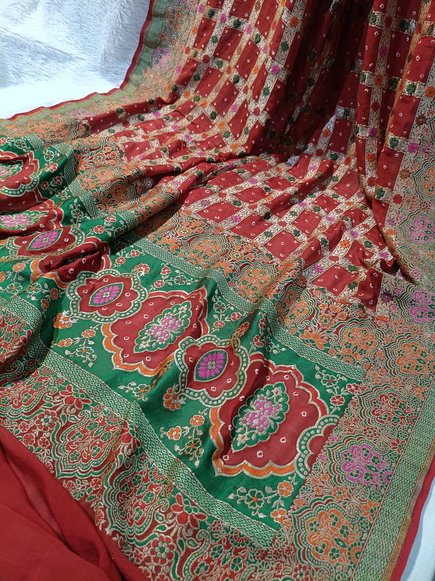 Pure Handloom Khaddi Bandhej Meenakari Banarasi Saree