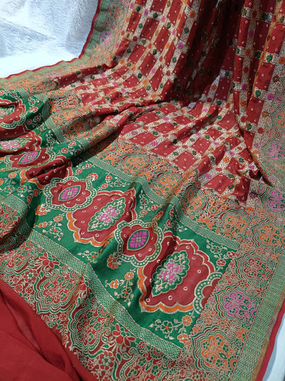 Pure Handloom Khaddi Bandhej Meenakari Banarasi Saree