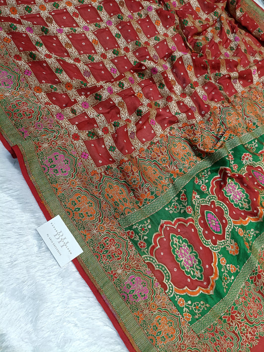 Pure Handloom Khaddi Bandhej Meenakari Banarasi Saree