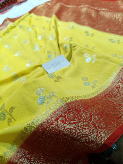 Chiniya Silk Banarasi Saree with Floral Buti Weaving and Contrast Border