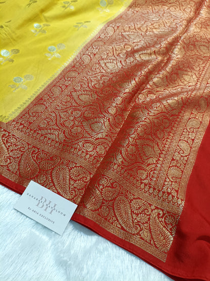 Chiniya Silk Banarasi Saree with Floral Buti Weaving and Contrast Border