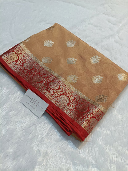 Pure Viscose Silk Banarasi Saree with Floral Bootis and Contrast Floral Border