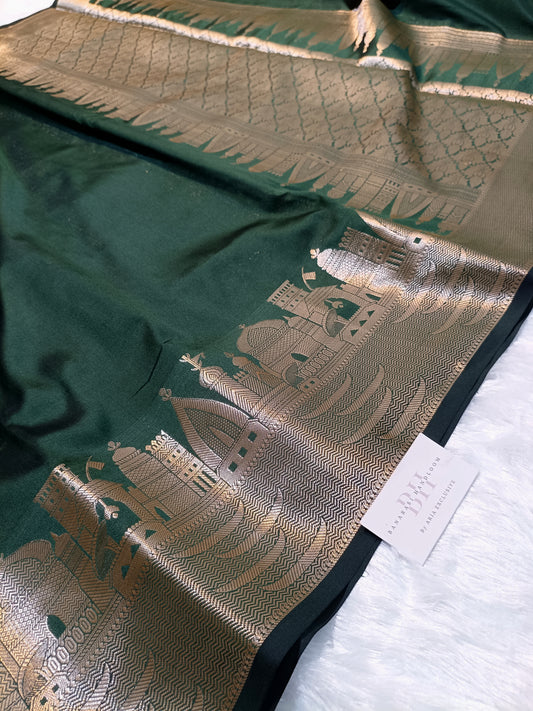 Mashru Silk Banarasi Saree with Banaras Ghat & Temple Weaving