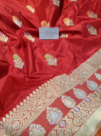 Pure Handloom Premium Katan Silk Banarasi Saree with Meenakari Flower Motifs