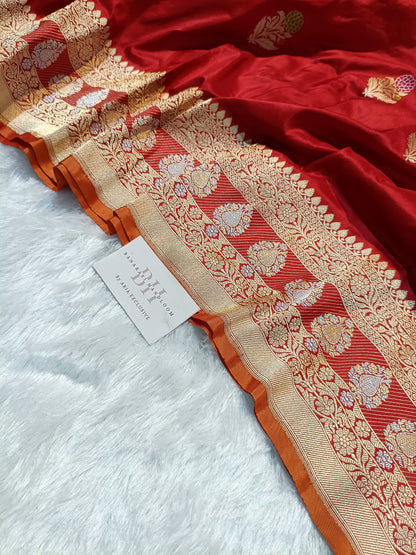 Pure Handloom Premium Katan Silk Banarasi Saree with Meenakari Flower Motifs