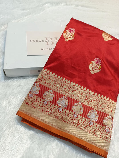 Pure Handloom Premium Katan Silk Banarasi Saree with Meenakari Flower Motifs