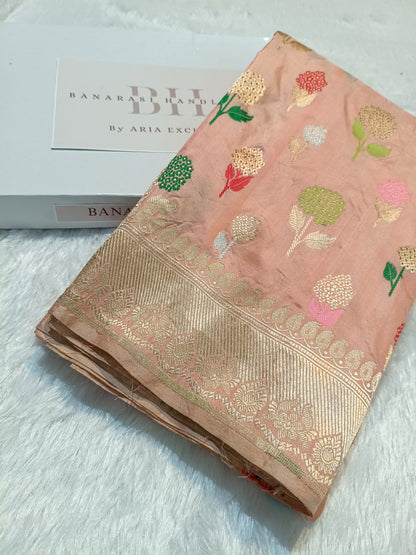 Pure Handloom Premium Katan Silk Banarasi Saree with Meenakari Floral Buti Design