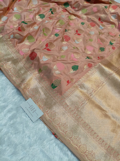 Pure Handloom Premium Katan Silk Banarasi Saree with Meenakari Floral Buti Design