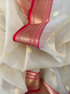 Traditional Off-White Red Shade Handwoven Kora Silk Banarasi