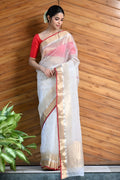 Traditional Off-White Red Shade Handwoven Kora Silk Banarasi