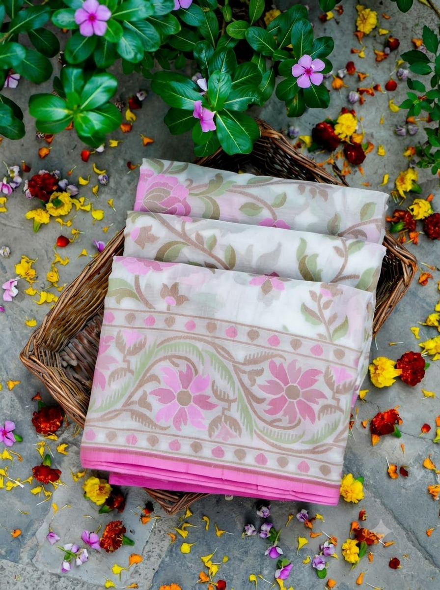 (Pre-Order) Shwetambari Handwoven Muslin Kora Ektara Jamdani Saree