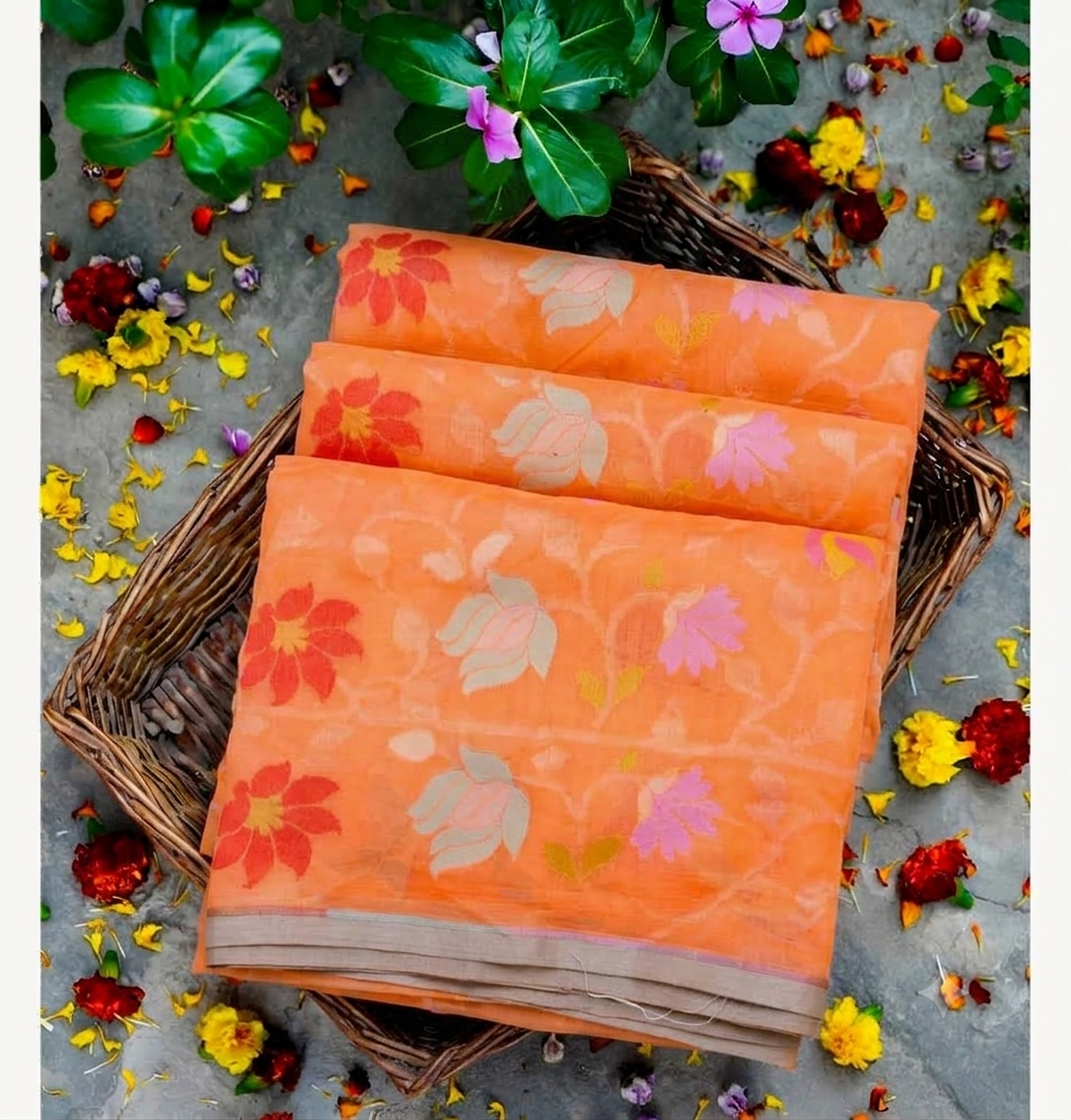(Pre-Order) Fanta Orange Shade Handwoven Muslin Kora Ektara Jamdani Saree