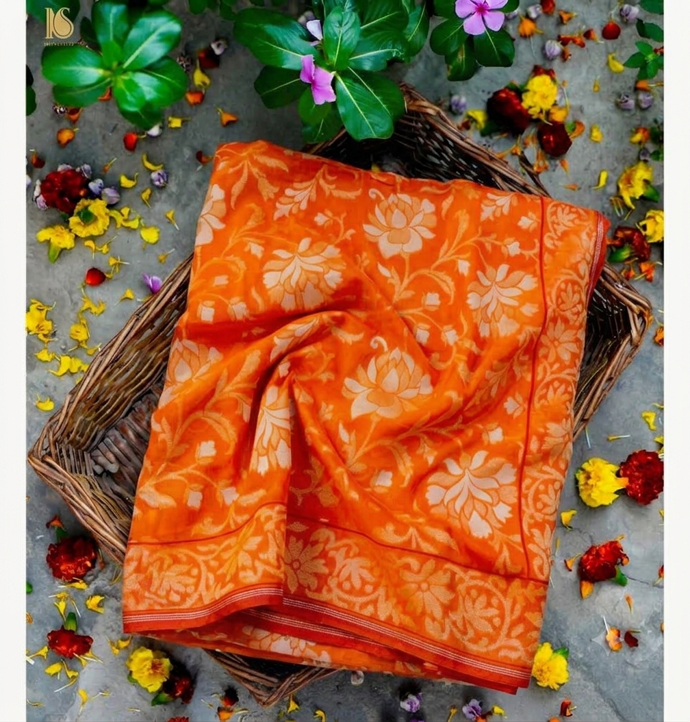 (Pre-Order) Cosmic Orange Shade Handwoven Muslin Kora Ektara Jamdani Saree