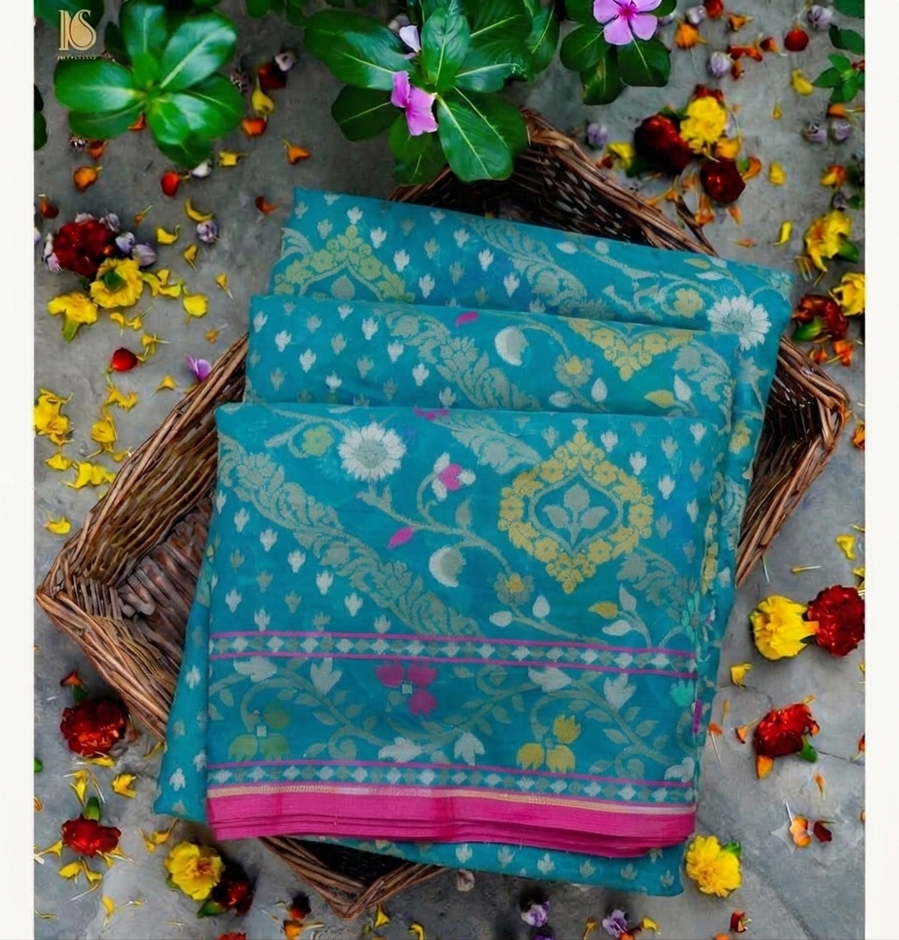 (Pre-Order) Firozi Blue Shade Handwoven Muslin Kora Ektara Jamdani Saree