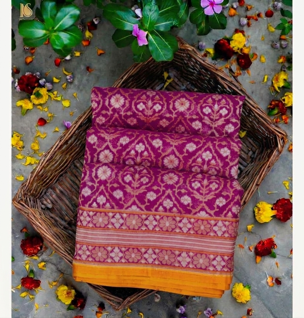 (Pre-Order) Rani Pink Shade Handwoven Muslin Kora Ektara Jamdani Saree