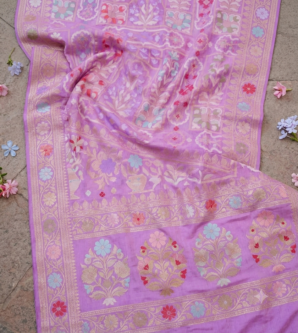 (Pre-Order) Levendar Shade Handwoven Muslin Kora Ektara Jamdani Saree