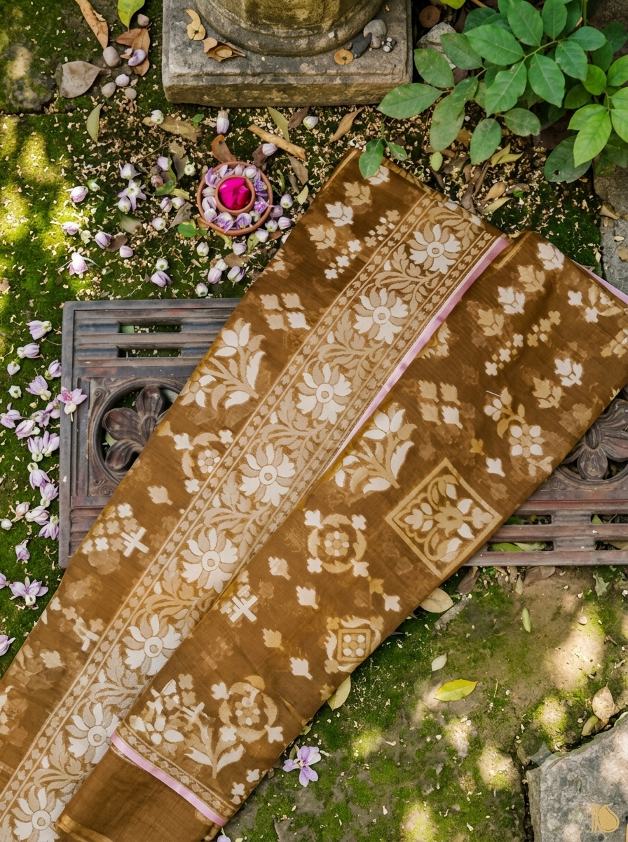 (Pre-Order) Antique Brown Shade Muslin Kora Ektara Jamdani Saree