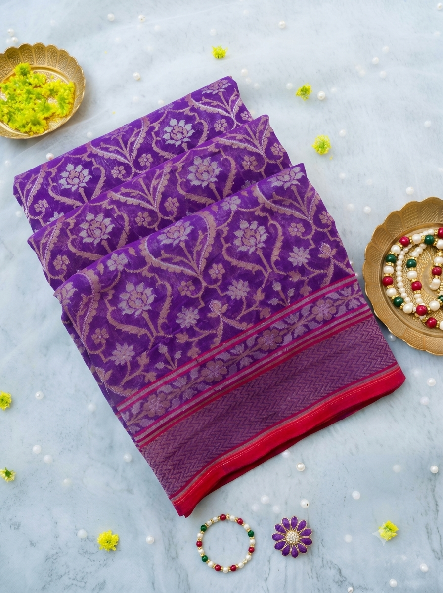 (Pre-Order) Purple Shade Handwoven Muslin Kora Ektara Jamdani Saree