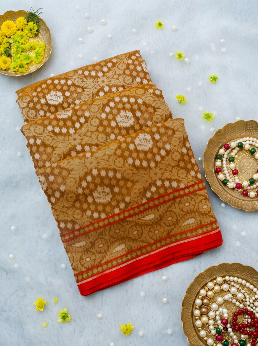 (Pre-Order) Mustard Gold Shade Handwoven Muslin Kora Ektara Jamdani Saree