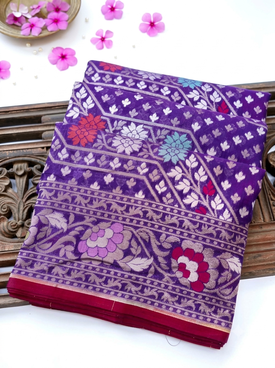 (Pre-Order) Purple Shade Handwoven Muslin Kora Ektara Jamdani Saree