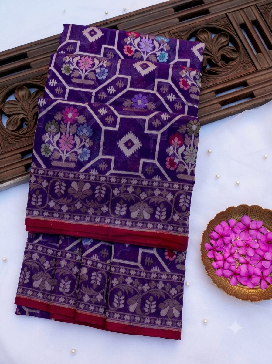 (Pre-Order) Purple Shade Handwoven Muslin Kora Ektara Jamdani Saree