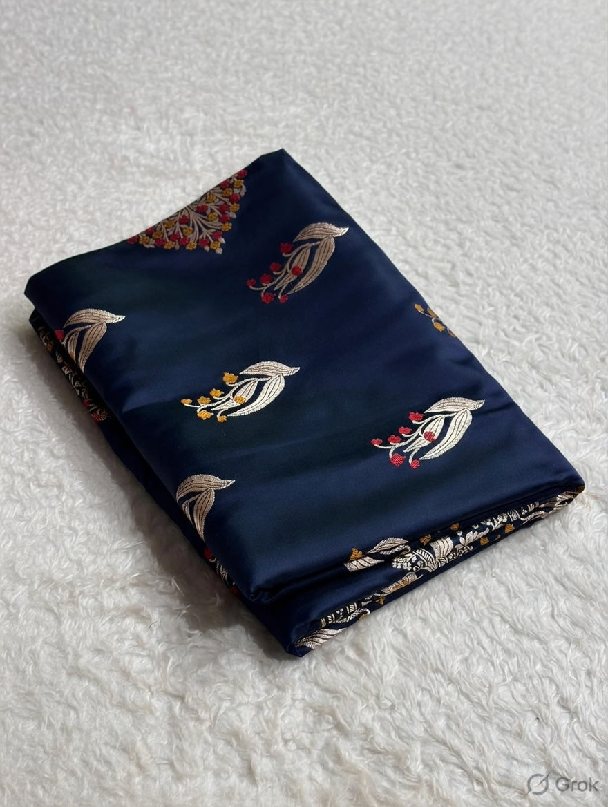 Navy Blue Shade Handwoven Kataan Mashru Silk Tilfi Meena