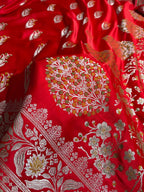 Bridal Red Shade Handwoven Kataan Mashru Silk Tilfi Meena