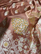 Antique Brown Shade Handwoven Kataan Mashru Silk Tilfi Meena