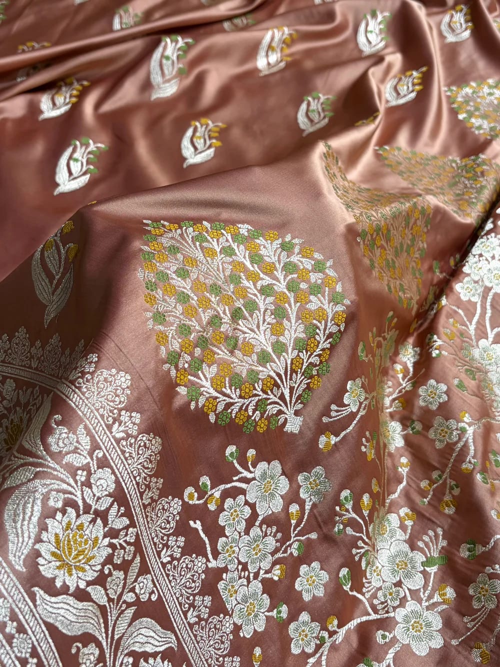 Antique Brown Shade Handwoven Kataan Mashru Silk Tilfi Meena