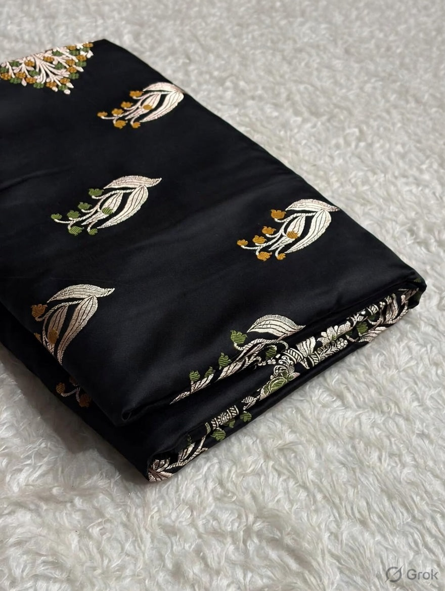 Black Shade Handwoven Kataan Mashru Silk Tilfi Meena