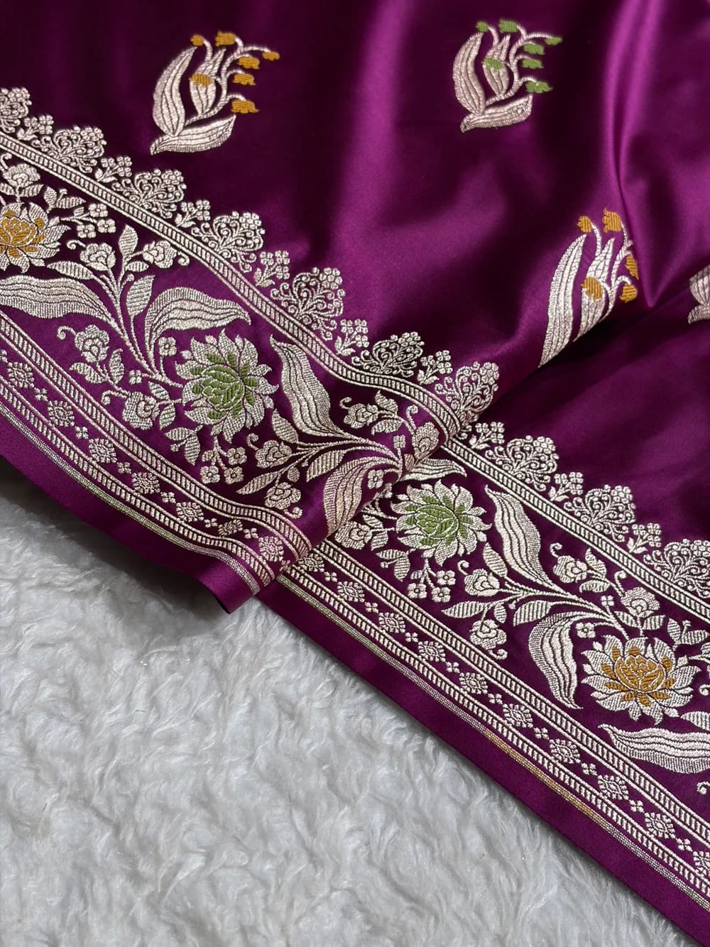 Purple Shade Handwoven Kataan Mashru Silk Tilfi Meena