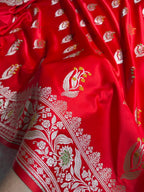Bridal Red Shade Handwoven Kataan Mashru Silk Tilfi Meena