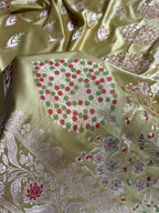 Pistachio Green Shade Handwoven Kataan Mashru Silk Tilfi Meena