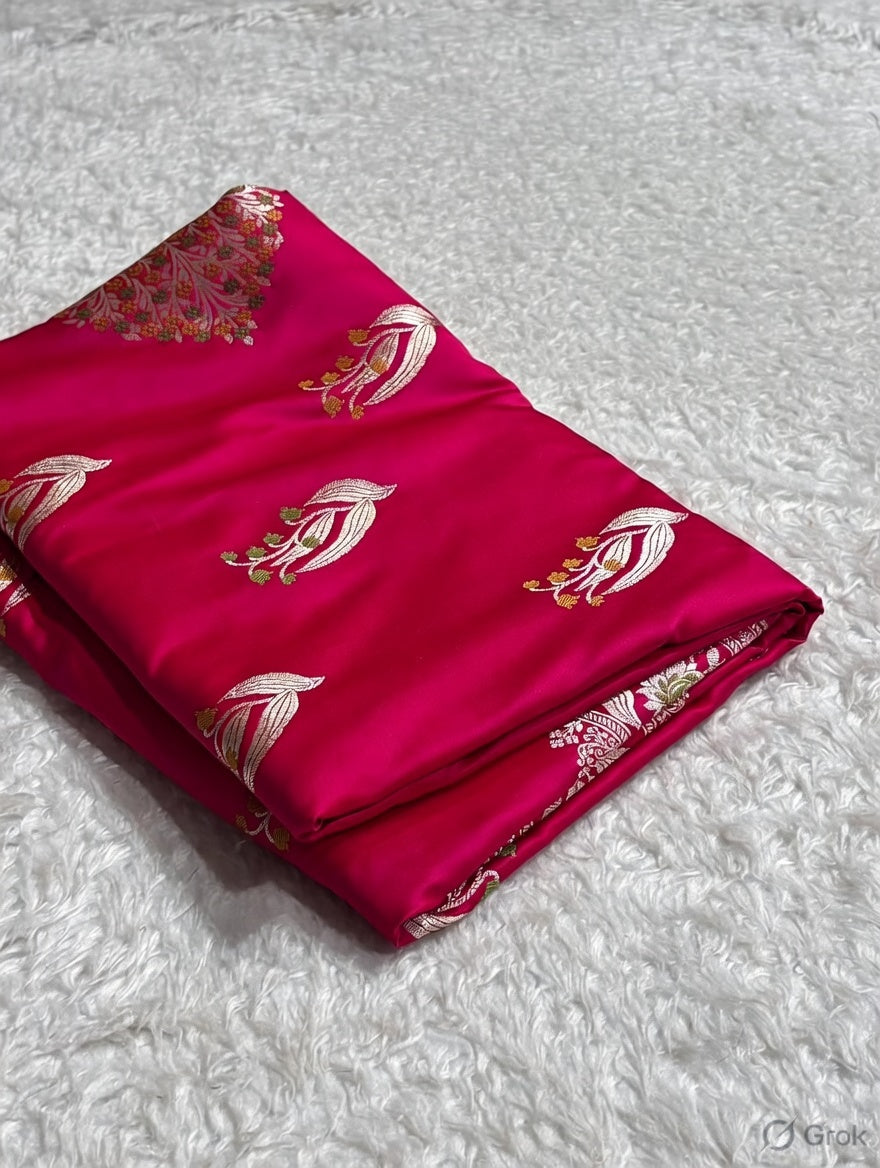 Hot Pink Shade Handwoven Kataan Mashru Silk Tilfi Meena