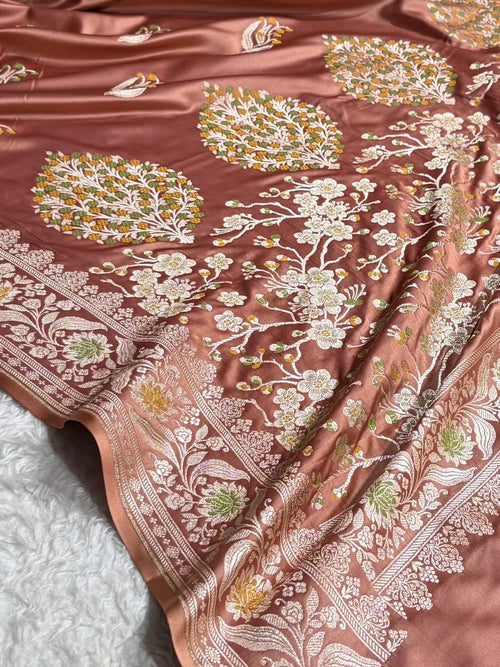 Antique Brown Shade Handwoven Kataan Mashru Silk Tilfi Meena