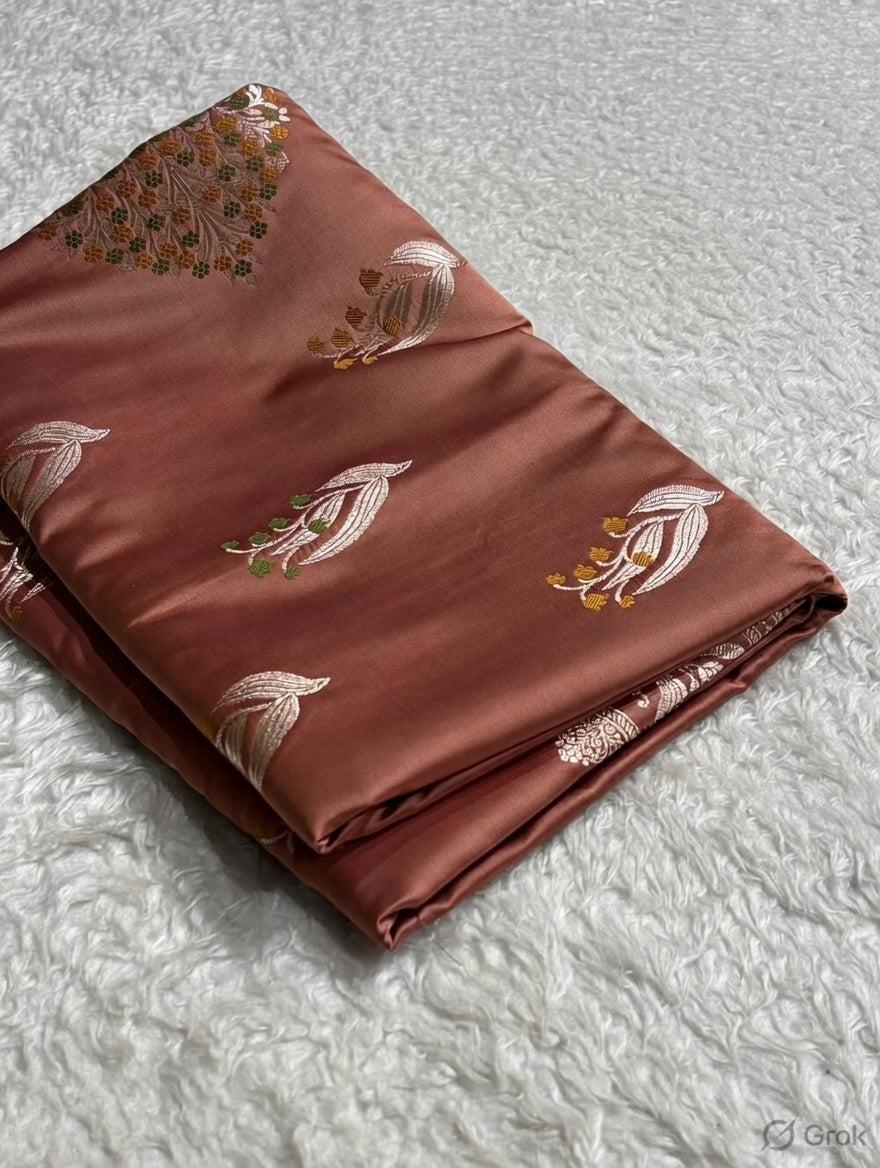 Antique Brown Shade Handwoven Kataan Mashru Silk Tilfi Meena