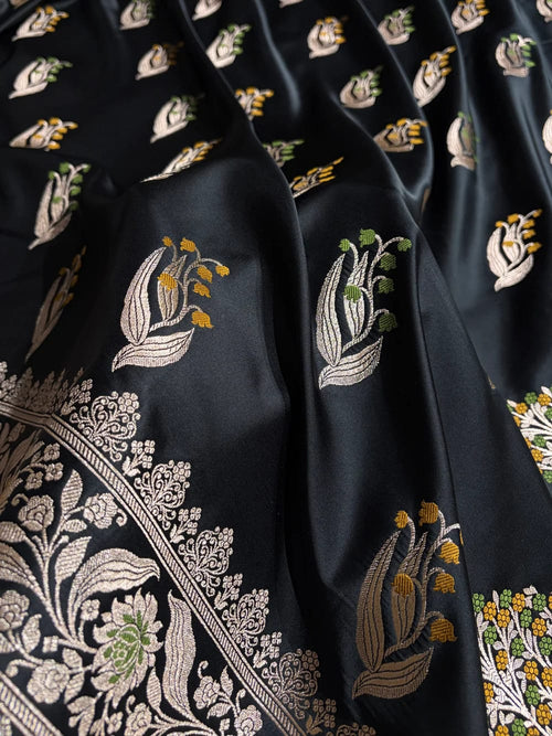 Black Shade Handwoven Kataan Mashru Silk Tilfi Meena