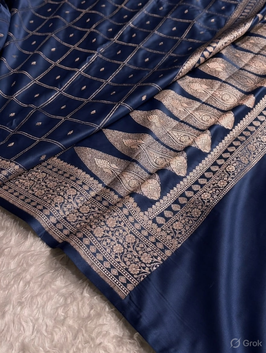Navy Blue Shade Handwoven Kataan Mashru Silk Saree