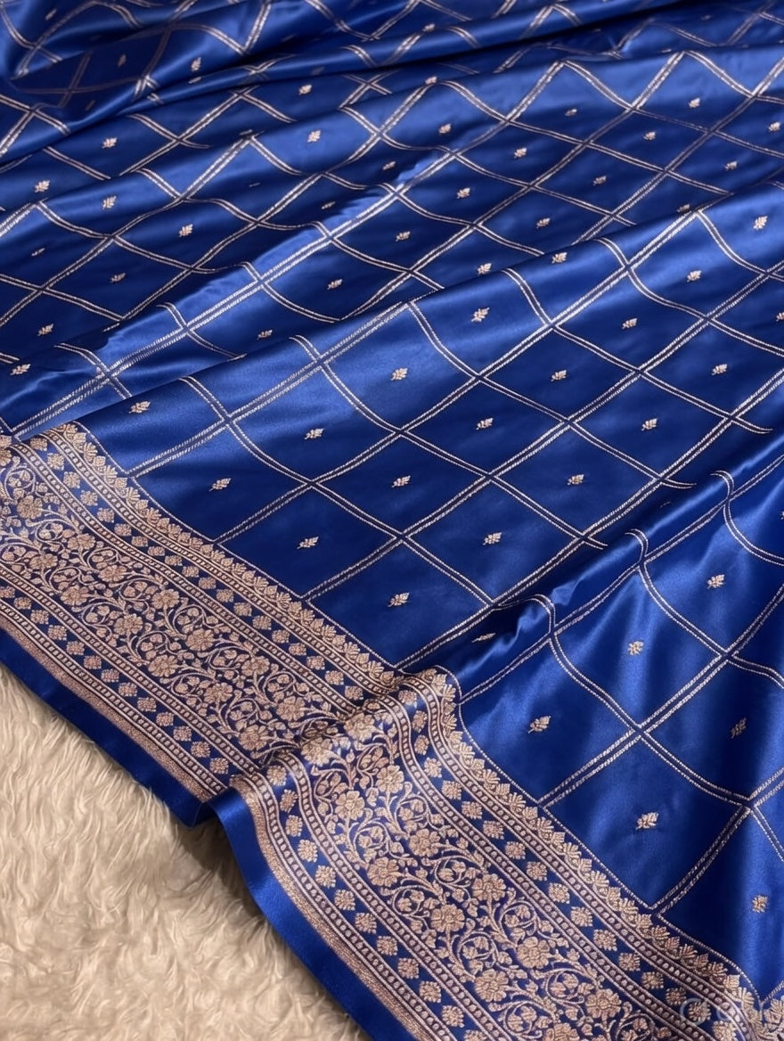 Ink Blue Shade Handwoven Kataan Mashru Silk Saree