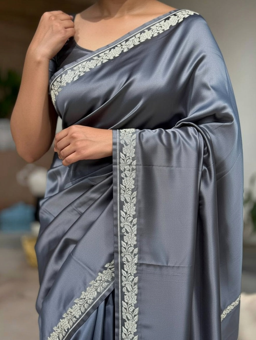 Grey Shade Handwoven Kataan Mashru Silk Saree