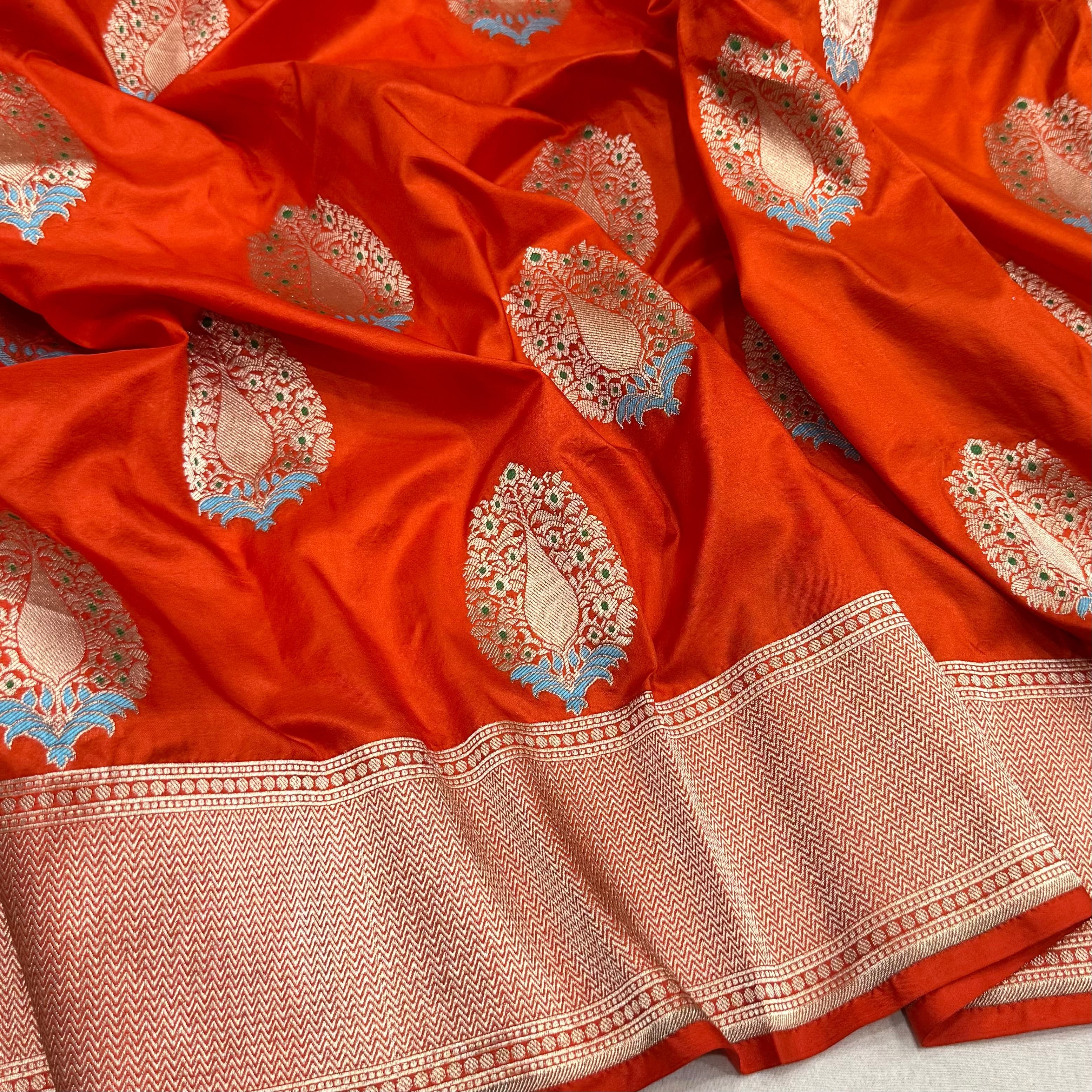 Cosmic Orange Shade Handwoven Pure Kataan Silk Saree