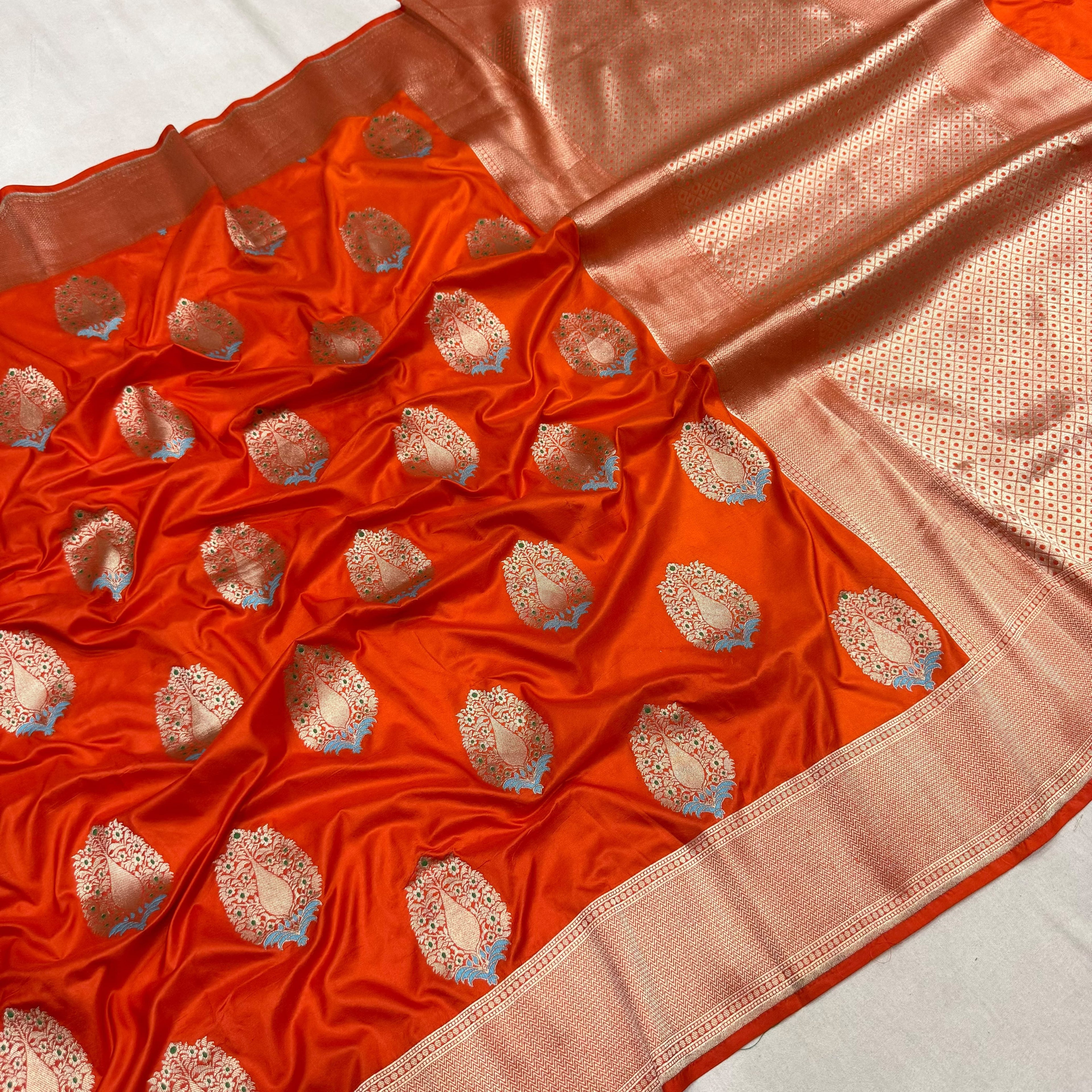 Cosmic Orange Shade Handwoven Pure Kataan Silk Saree