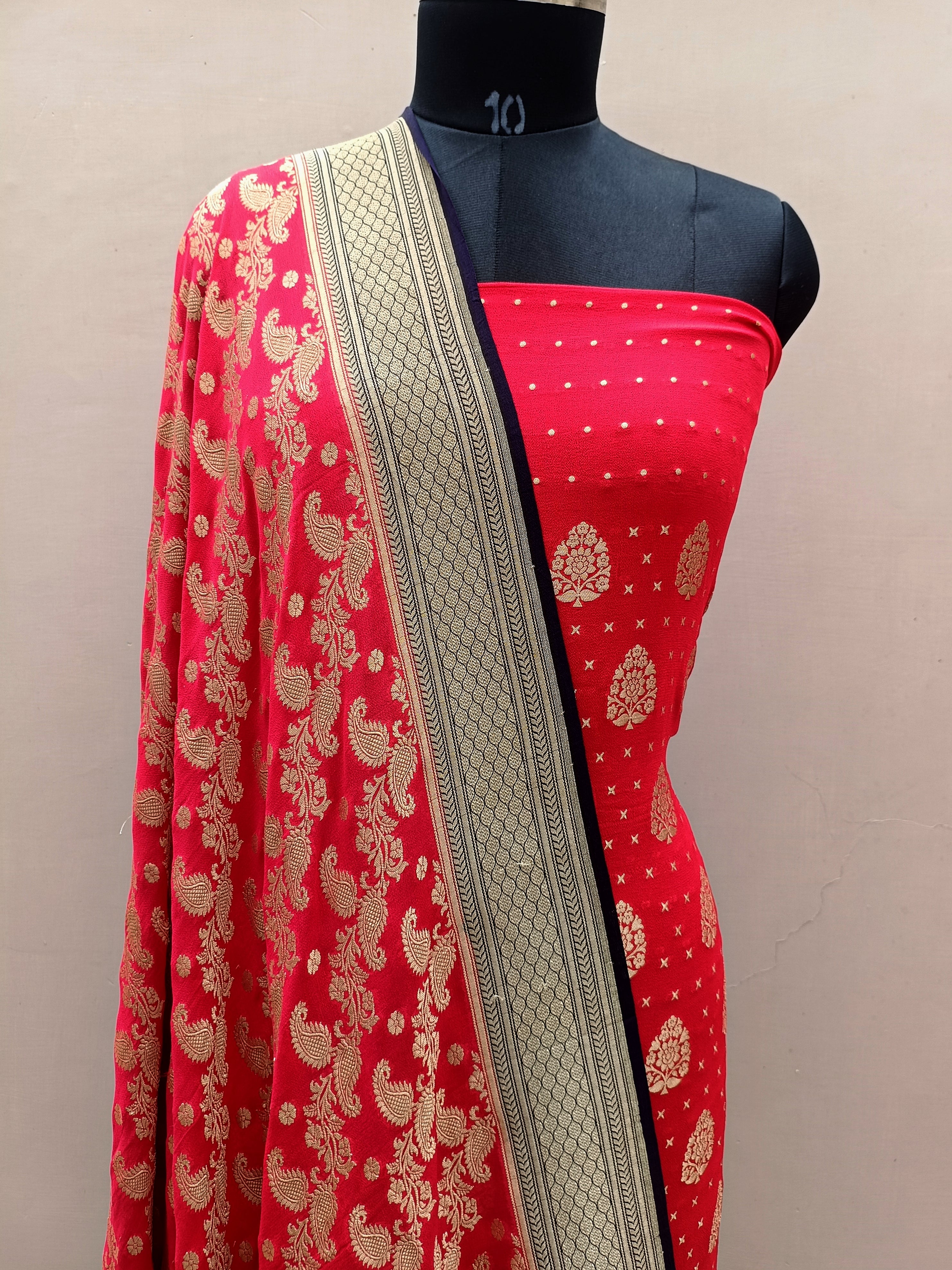 Cherry Red Shade Handwoven Khaddi Chiffon Georgette Suit Set