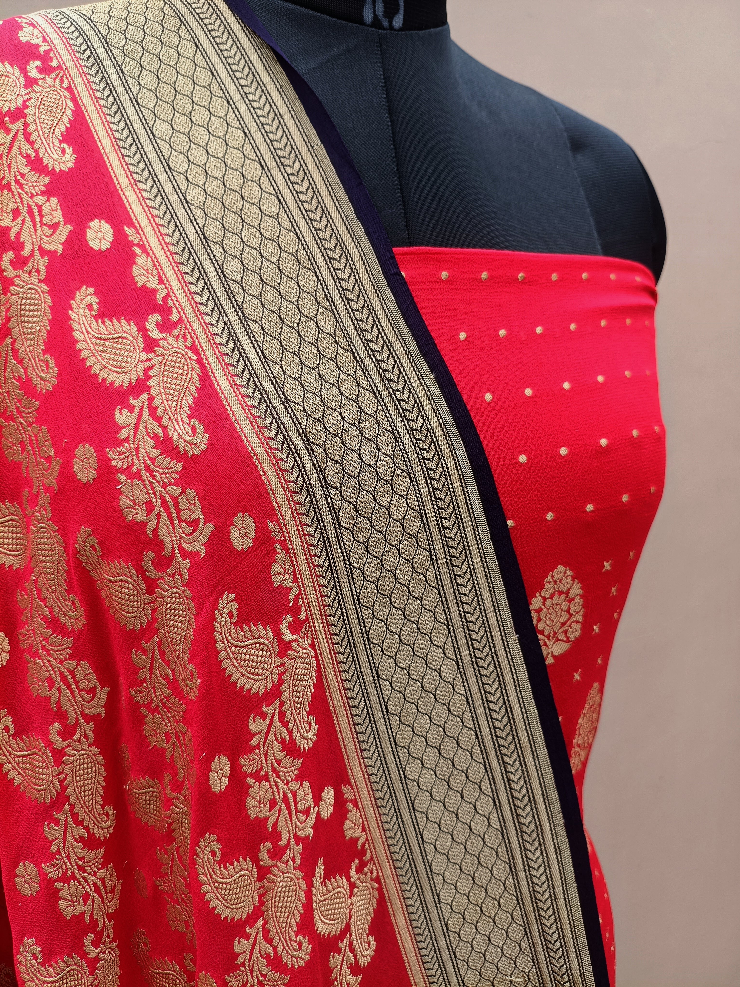 Cherry Red Shade Handwoven Khaddi Chiffon Georgette Suit Set