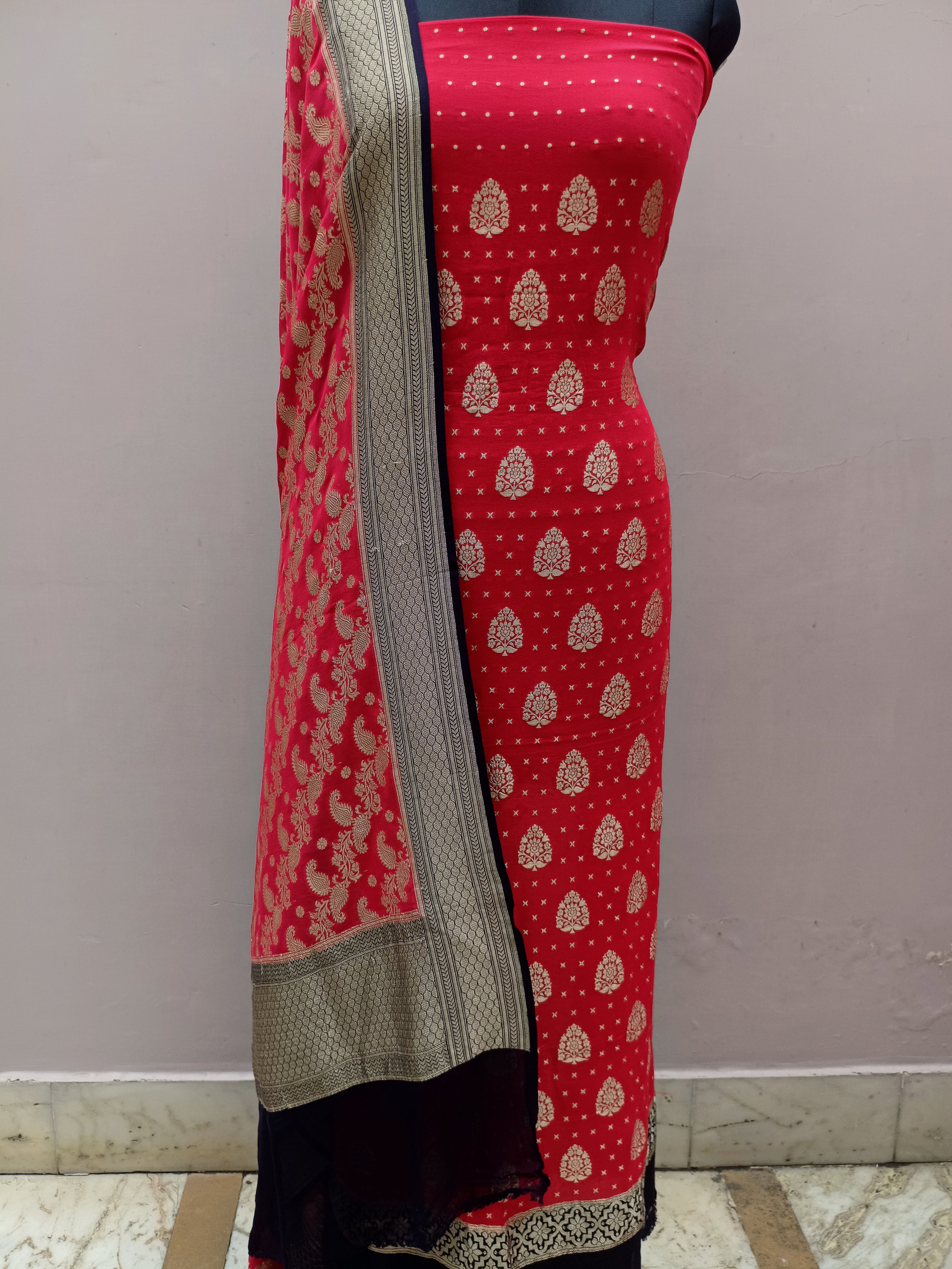 Cherry Red Shade Handwoven Khaddi Chiffon Georgette Suit Set