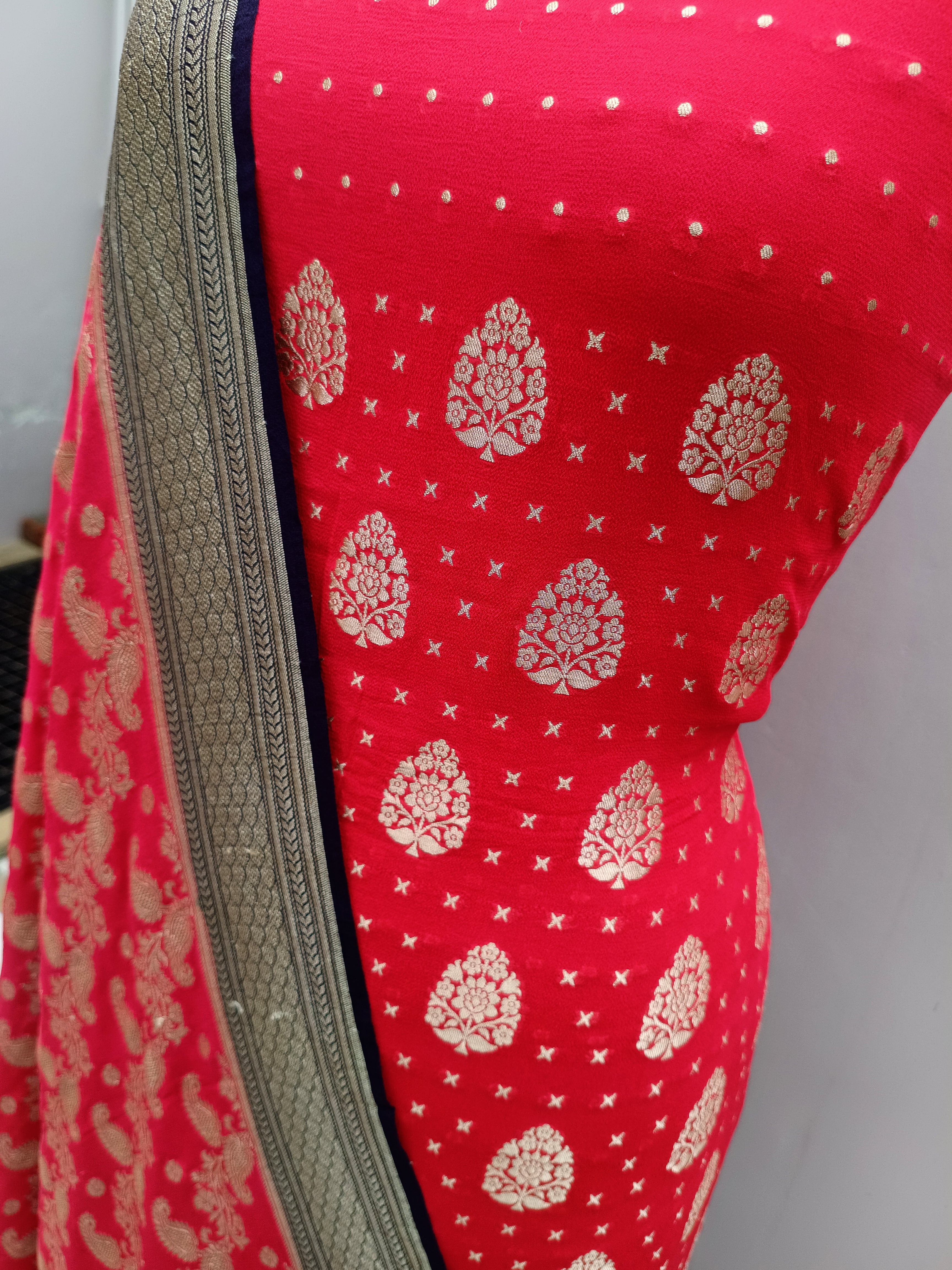 Cherry Red Shade Handwoven Khaddi Chiffon Georgette Suit Set