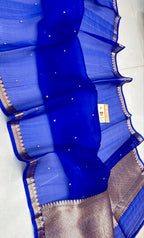 Royal Blue Shade Handwoven Pure Reshmi Kora Organza Silk