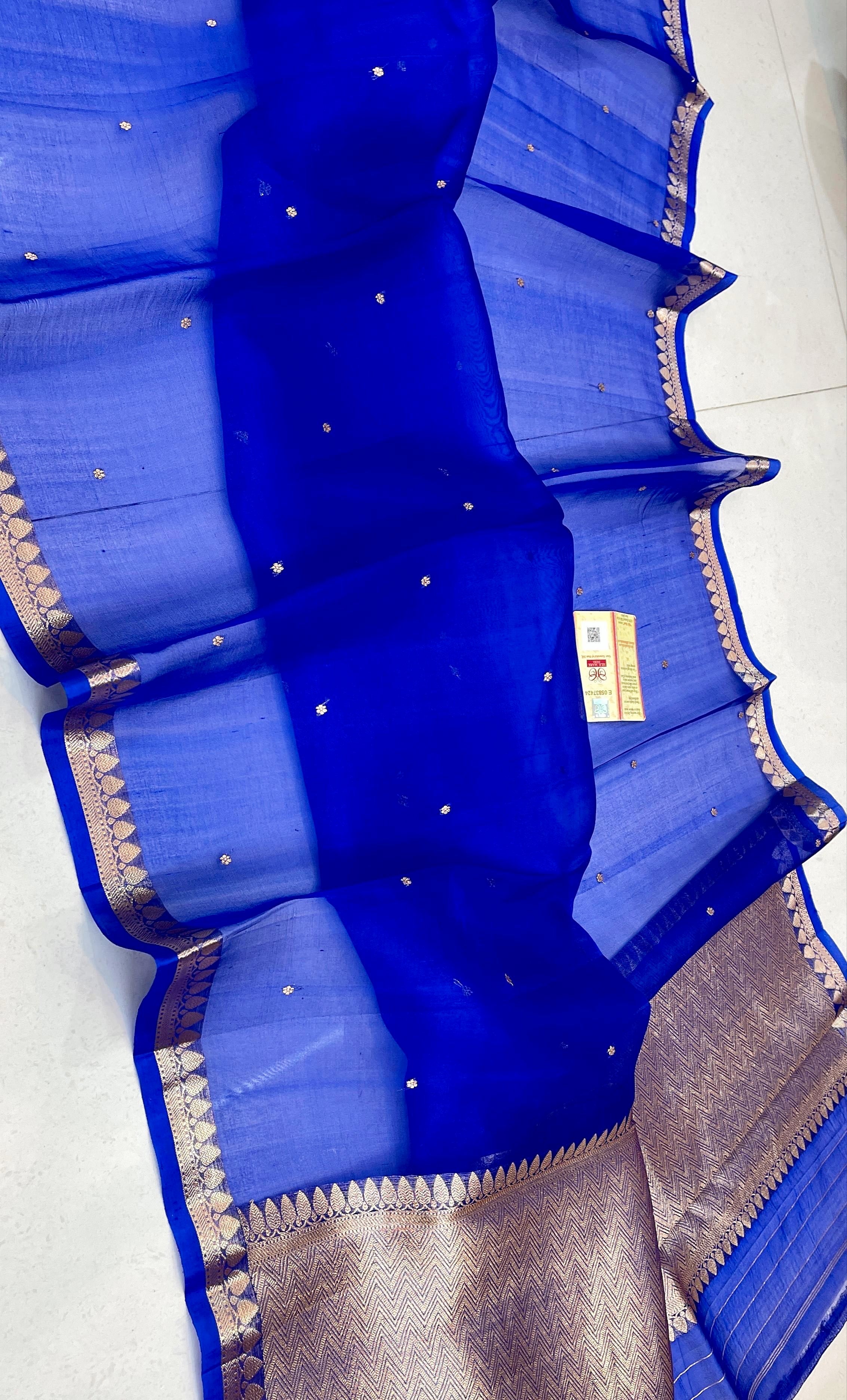 Royal Blue Shade Handwoven Pure Reshmi Kora Organza Silk
